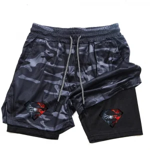 Superhero Print 2-in-1 Running Exercise Mesh Shorts for Men Gym Performance Shorts with Phone Pocket
